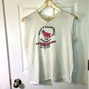 VTG Russell sleeveless graphic white tee ‘Great 2-Alarm Chili Foot Race’ sz L